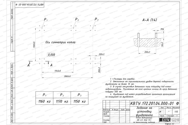 Котел на угле дровах 2.0 МВт с колосниками фундамент
